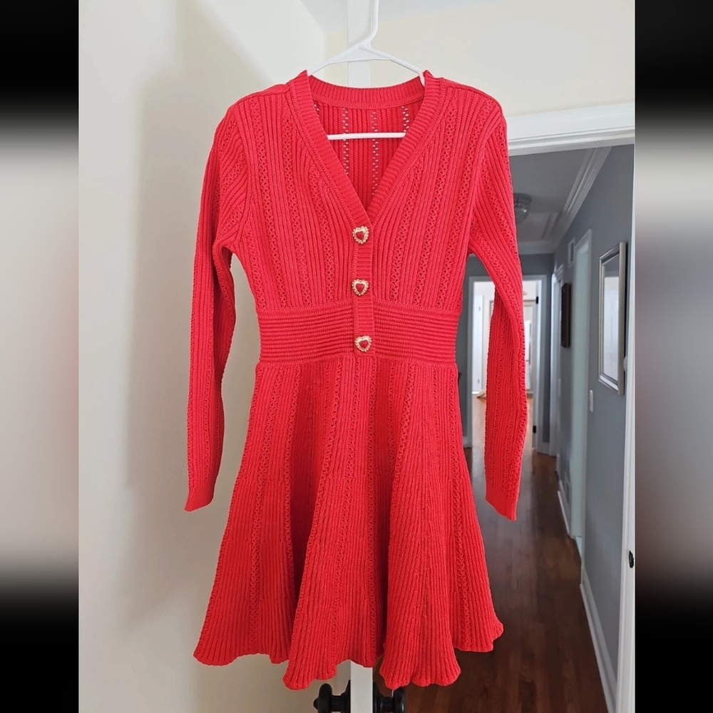 Red Knit Cardigan Dress with Heart Buttons